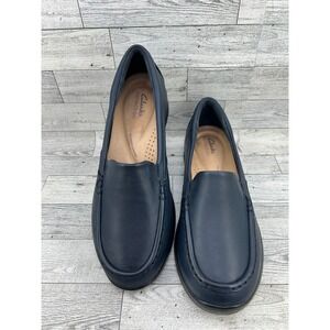 Clarks Ellowyn Lux Navy Blue Leather Loafers Women Sz 10W Wide Slip On Shoes
